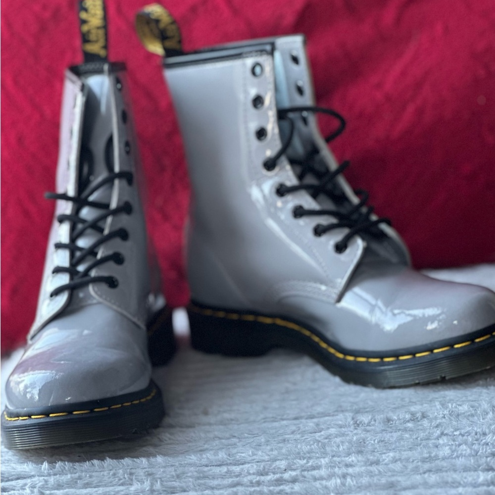Dr. Martens Glossy Gray Boots with Black Laces